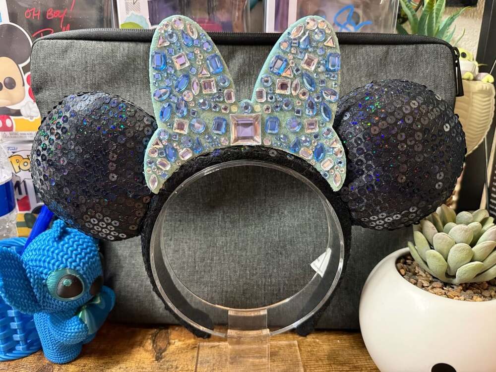 EUC Disney Parks Sequined Ear Headband with Blue Jeweled Bow